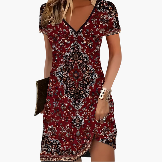 Women’s Short Dress with V Neckline and Asymmetric Hem