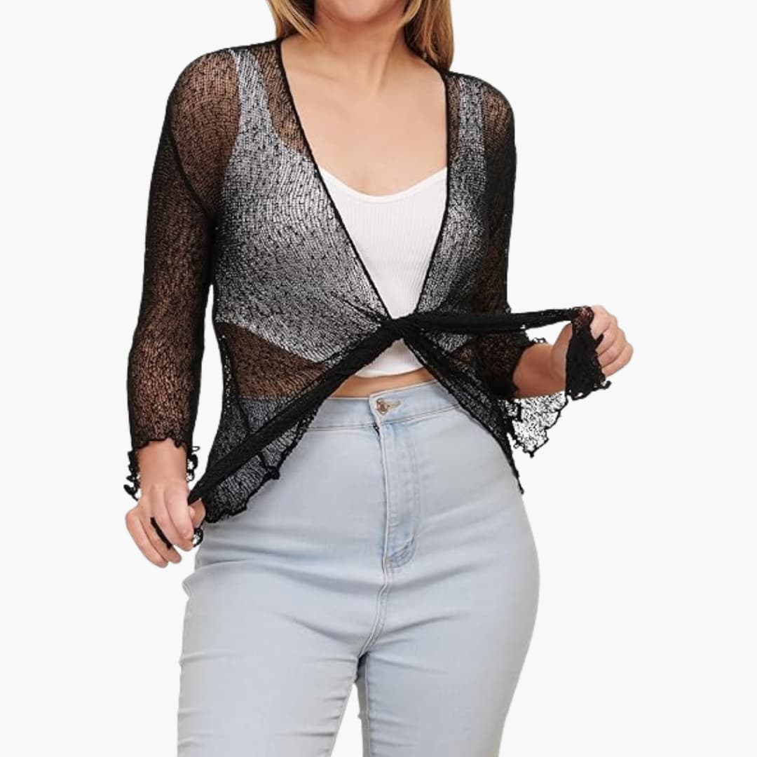 Women's Tie-Up Bolero Top with Sheer Fishnet Knit and Three-Quarter Sleeves