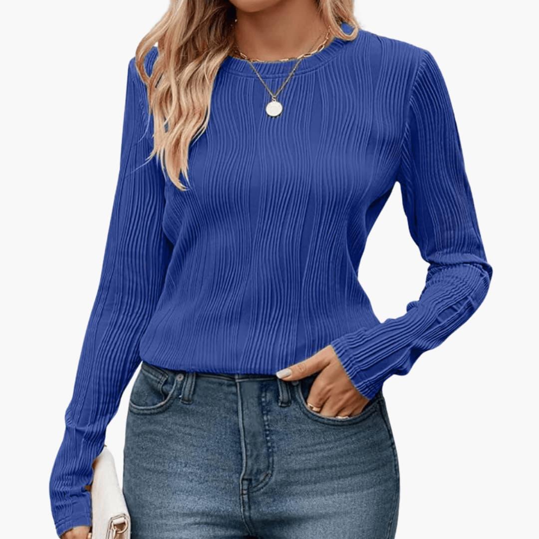 Women's Ribbed Long Sleeve Top with Round Neckline and Fitted Fit