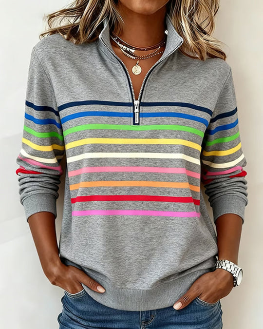 Women's Sweatshirt with Stripes and Half-Zip Design