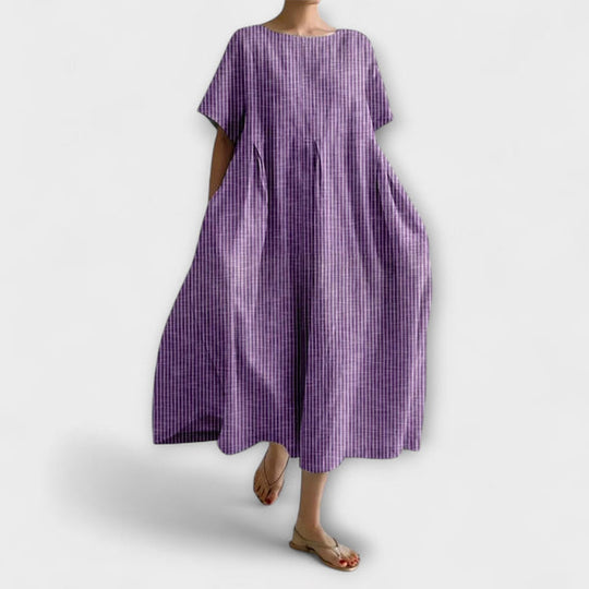 Women's Midi Dress with Pleated Waist and Side Pockets