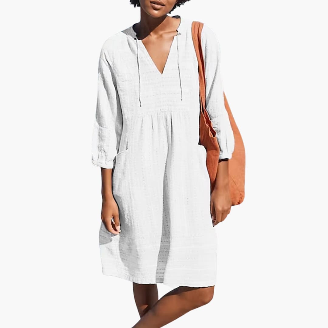 Women's Shirt Dress with Tie Neck and Side Pockets