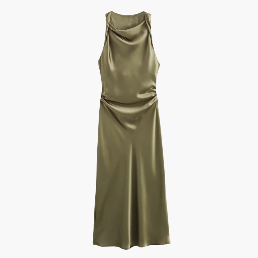 Women’s Satin Cowl Neck Midi Dress with Ruched Waist