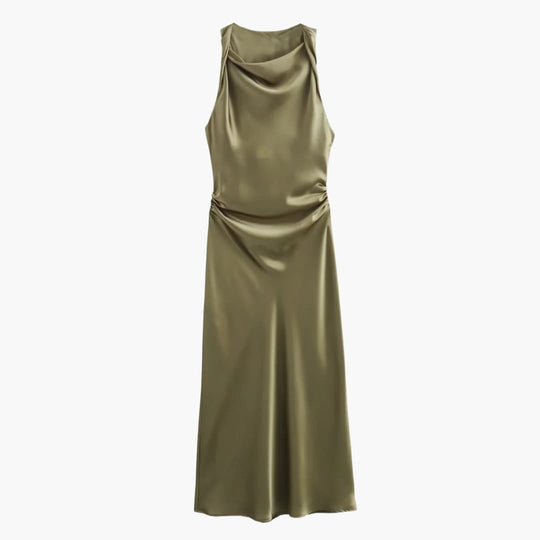 Women’s Satin Cowl Neck Midi Dress with Ruched Waist
