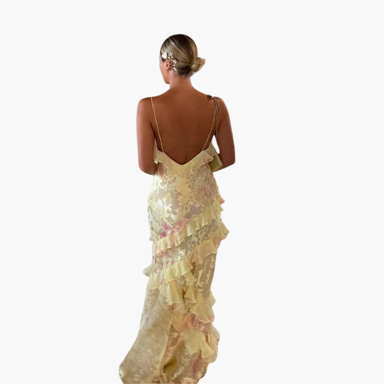 Women’s Maxi Dress with Open Back and Ruffle Panels