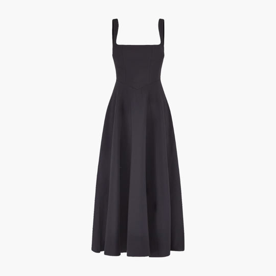Women’s Midi Dress with Square Neckline and Flared Skirt