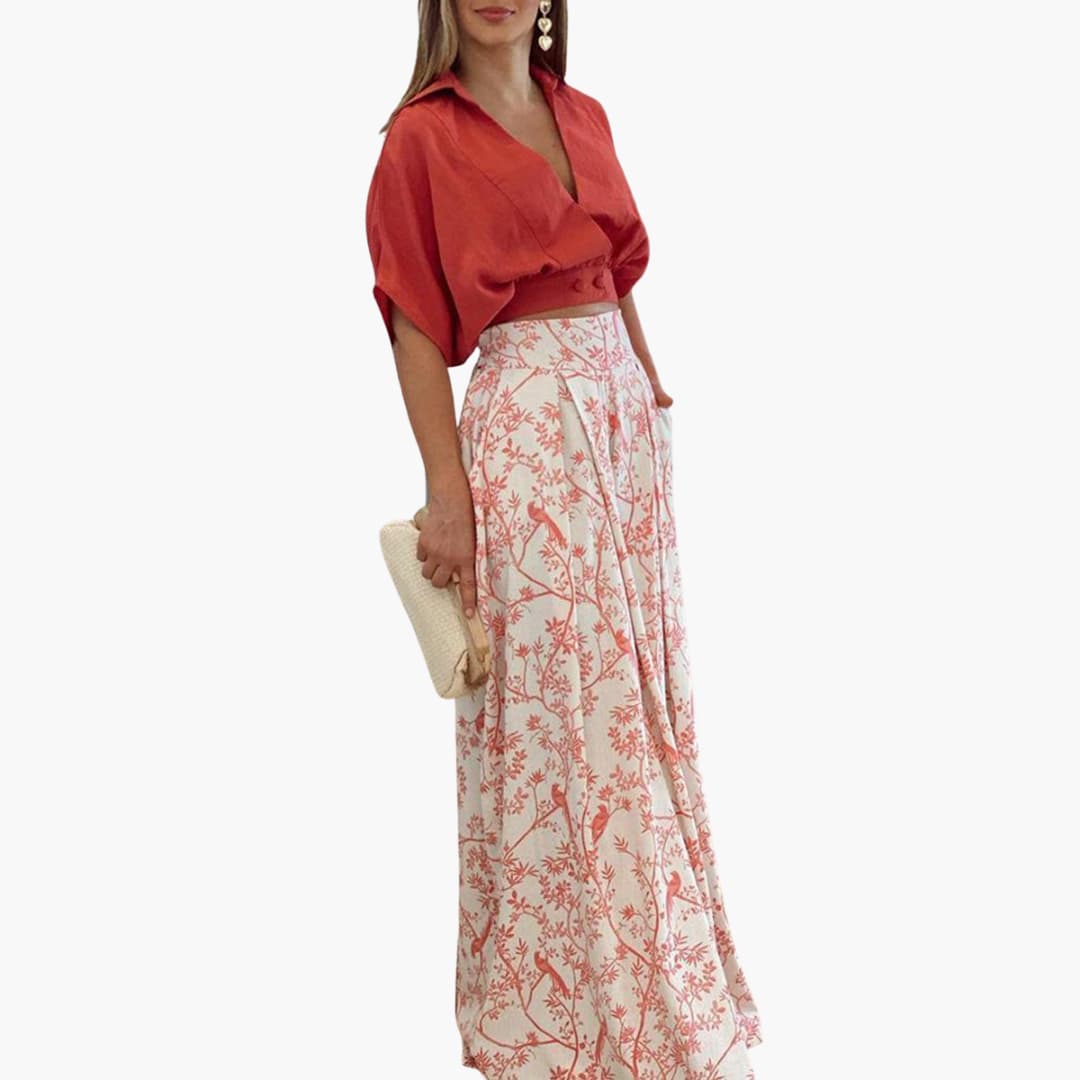 Women’s two-piece set with puff sleeve top and palazzo trousers