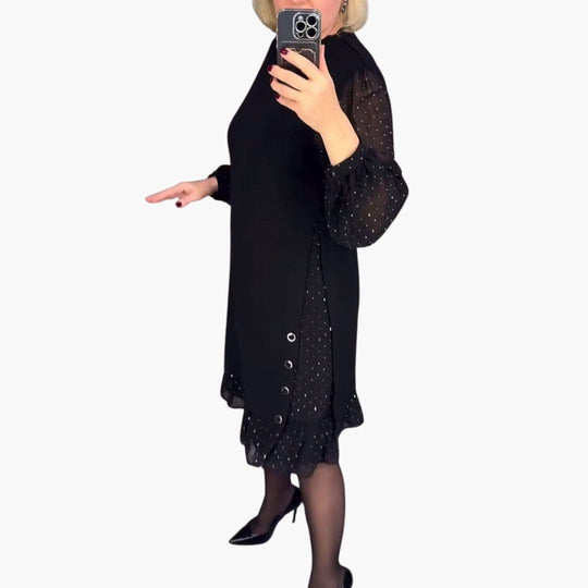 Women's Knee-Length Dress with Sheer Sleeves and Ruffle Hem