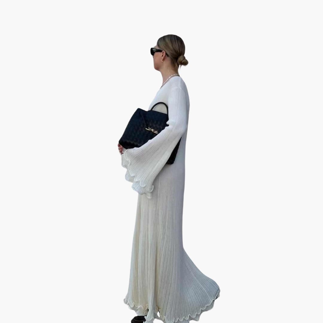 Women’s Knit Maxi Dress with Open Back and Trumpet Sleeves