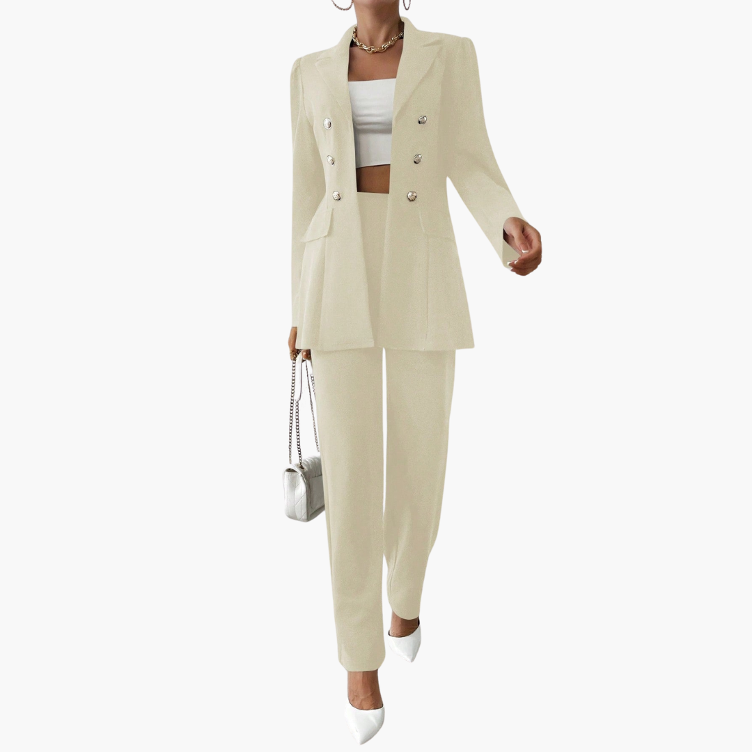 Women's Blazer Set with Notched Lapel and Straight Leg Trousers