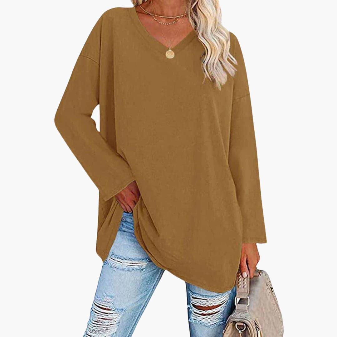 Women's V-Neck Blouse with Long Sleeves and Relaxed Fit