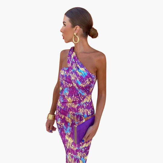 Women's Midi Dress with One-Shoulder Neckline and Geometric Pattern