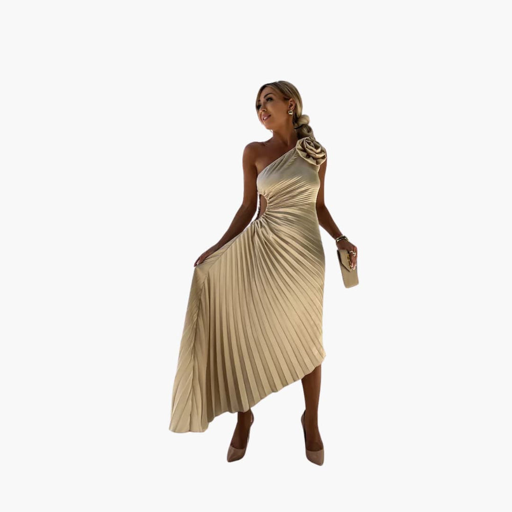 Women’s Midi Dress with Pleated Skirt and Floral Detail