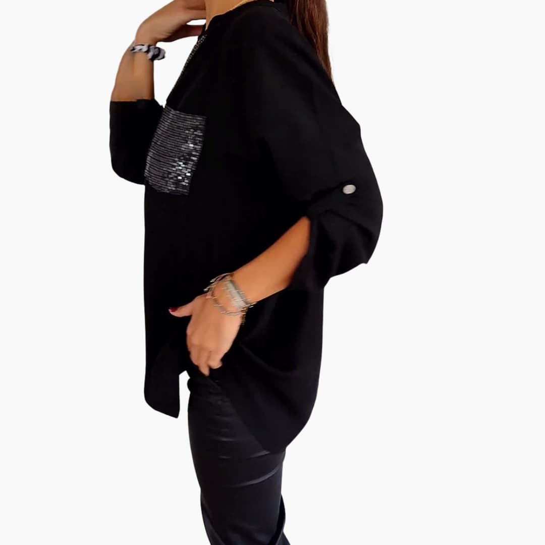 Women’s Long-Sleeve Blouse with V-Neck and Sequins