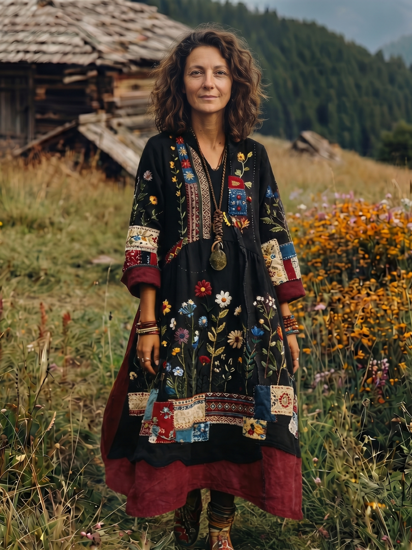 Alix | Embroidered Panel Long Sleeve Midi Dress