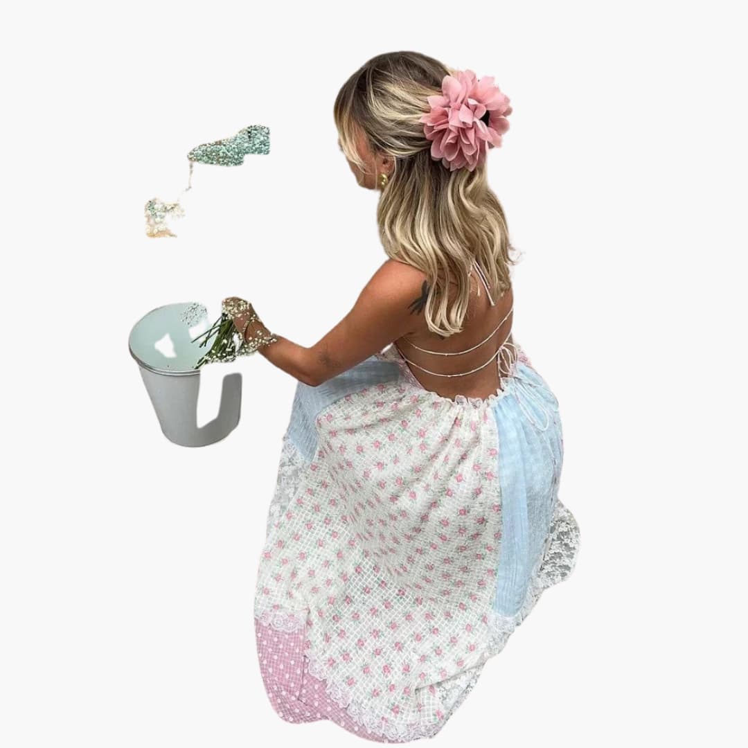 Women’s Patchwork Maxi Dress with Lace-Up Detail