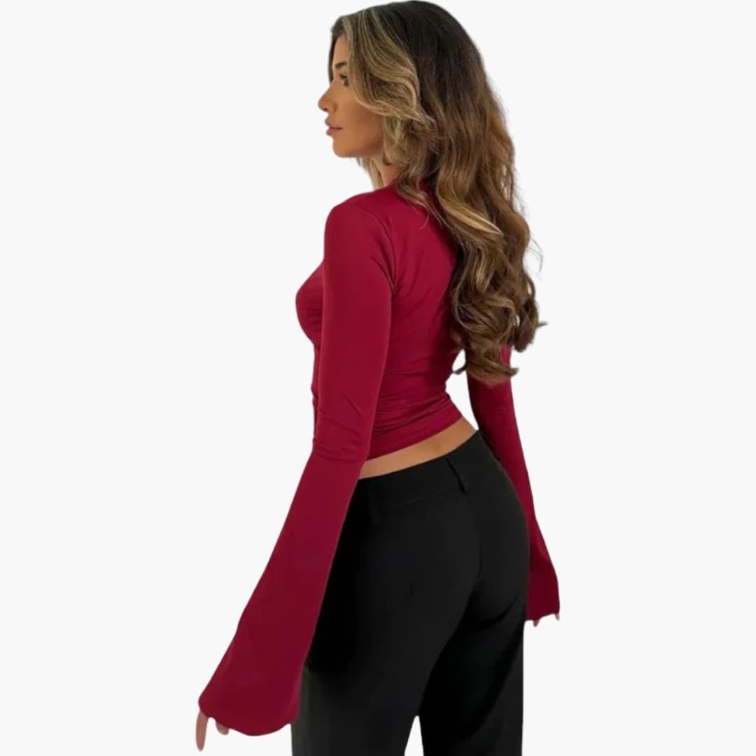 Women's Lace Flare Top with V-Neckline and Semi-Cropped Hem