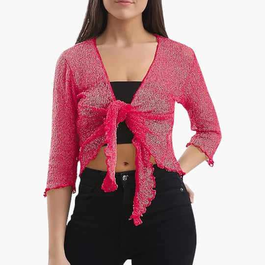 Women's Tie-Up Bolero Top with Sheer Fishnet Knit and Three-Quarter Sleeves