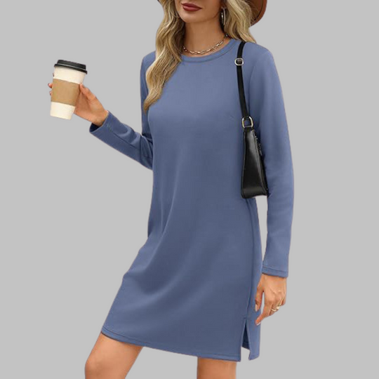 Women's Casual Mini Dress with Long Sleeves and Round Neck