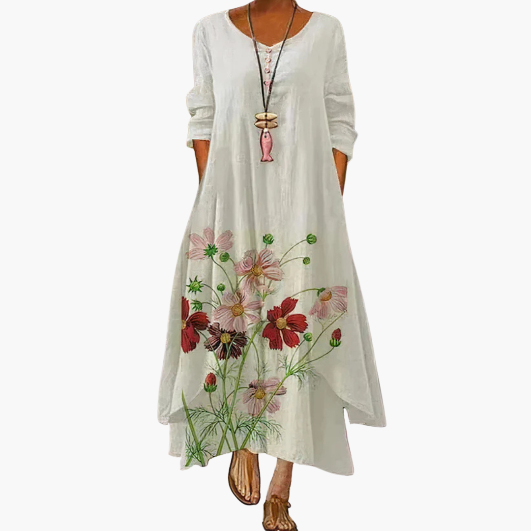 Women’s Maxi Dress with Asymmetric Hem and Long Sleeves
