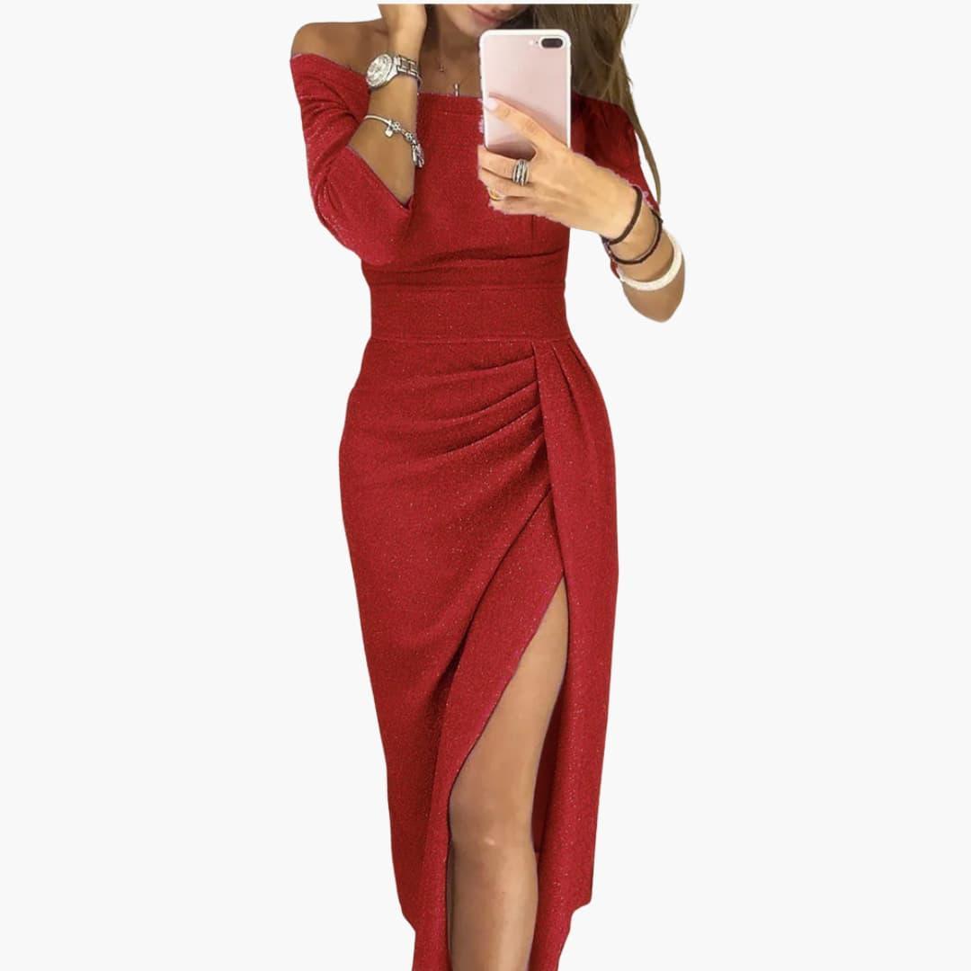 Women's Off-Shoulder Sequin Evening Dress with Side Slit and Long Sleeves