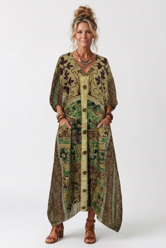 Aleta | Button Front Artistic Print Oversized Maxi Dress