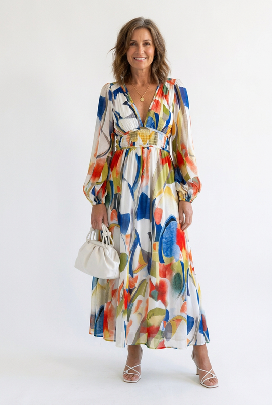 Althea | Long Sleeve Printed V-Neck Maxi Dress