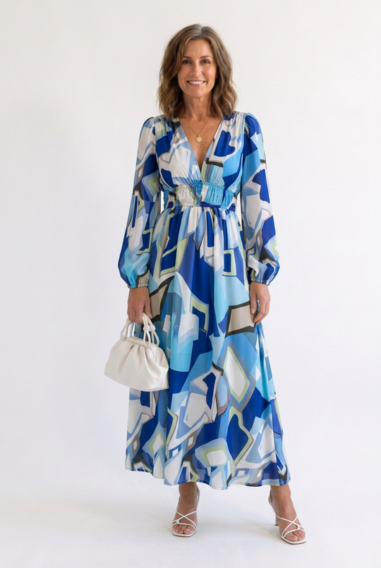 Althea | Long Sleeve Printed V-Neck Maxi Dress