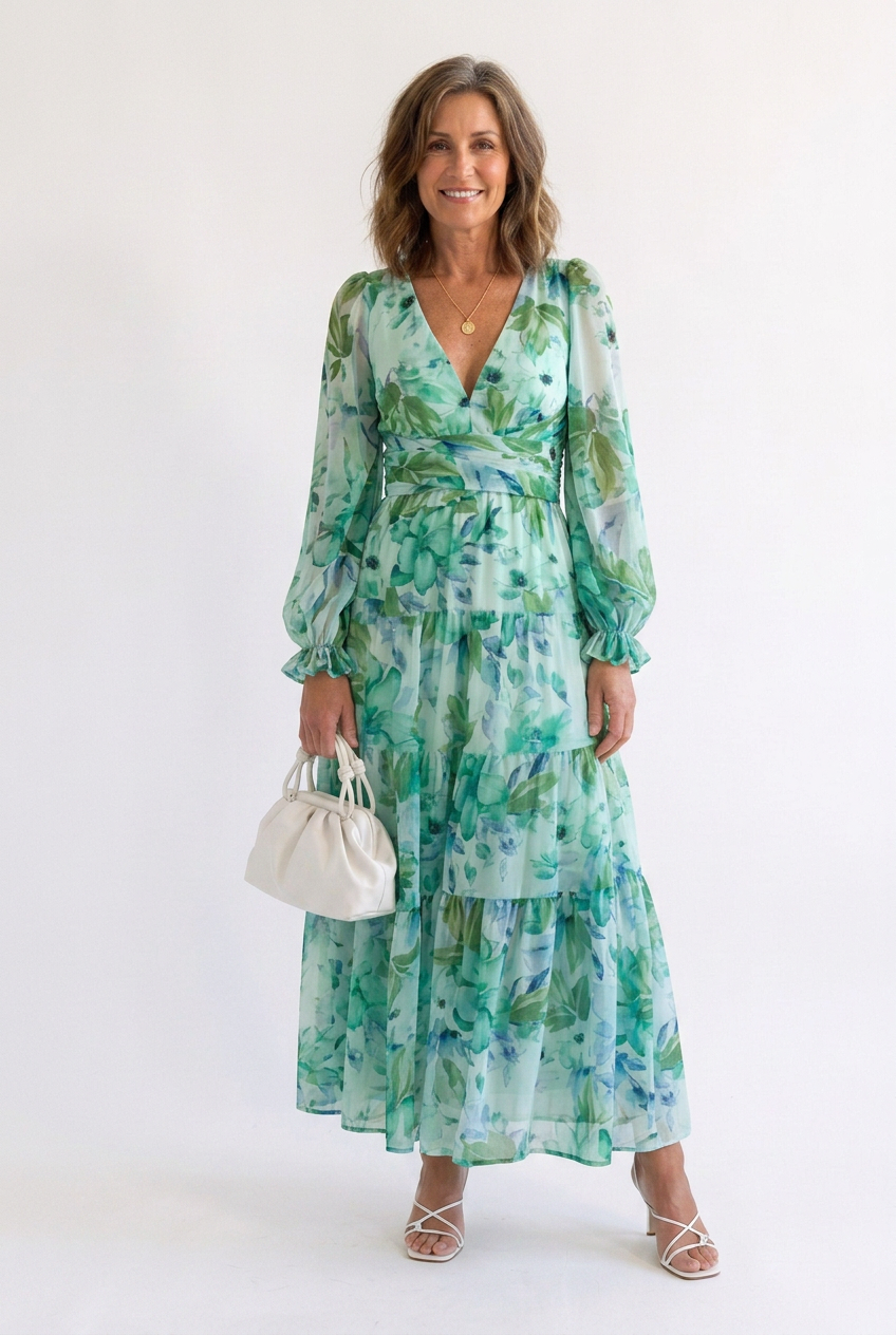 Althea | Long Sleeve Printed V-Neck Maxi Dress