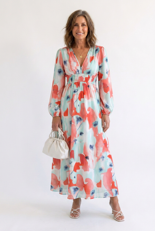 Althea | Long Sleeve Printed V-Neck Maxi Dress