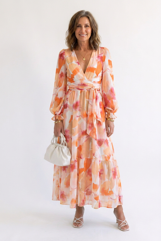 Althea | Long Sleeve Printed V-Neck Maxi Dress