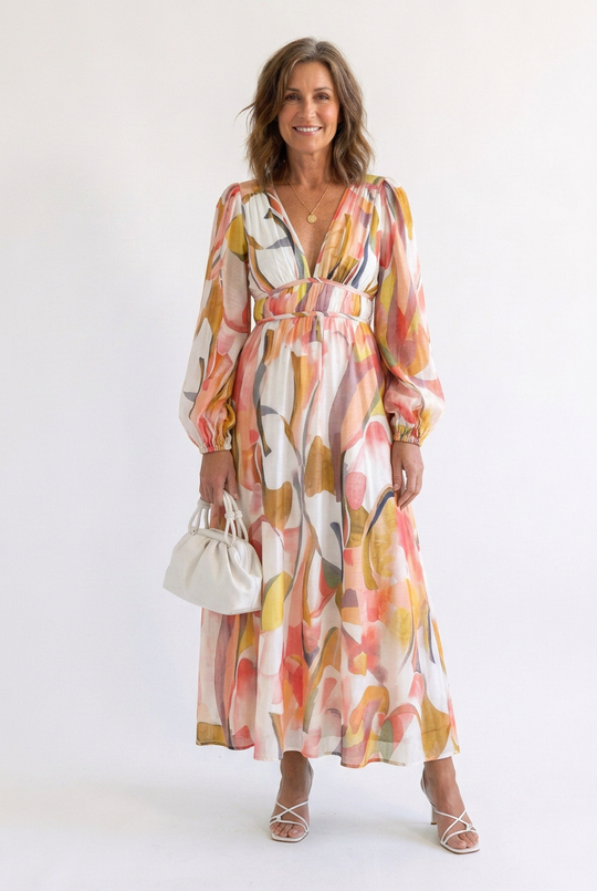 Althea | Long Sleeve Printed V-Neck Maxi Dress