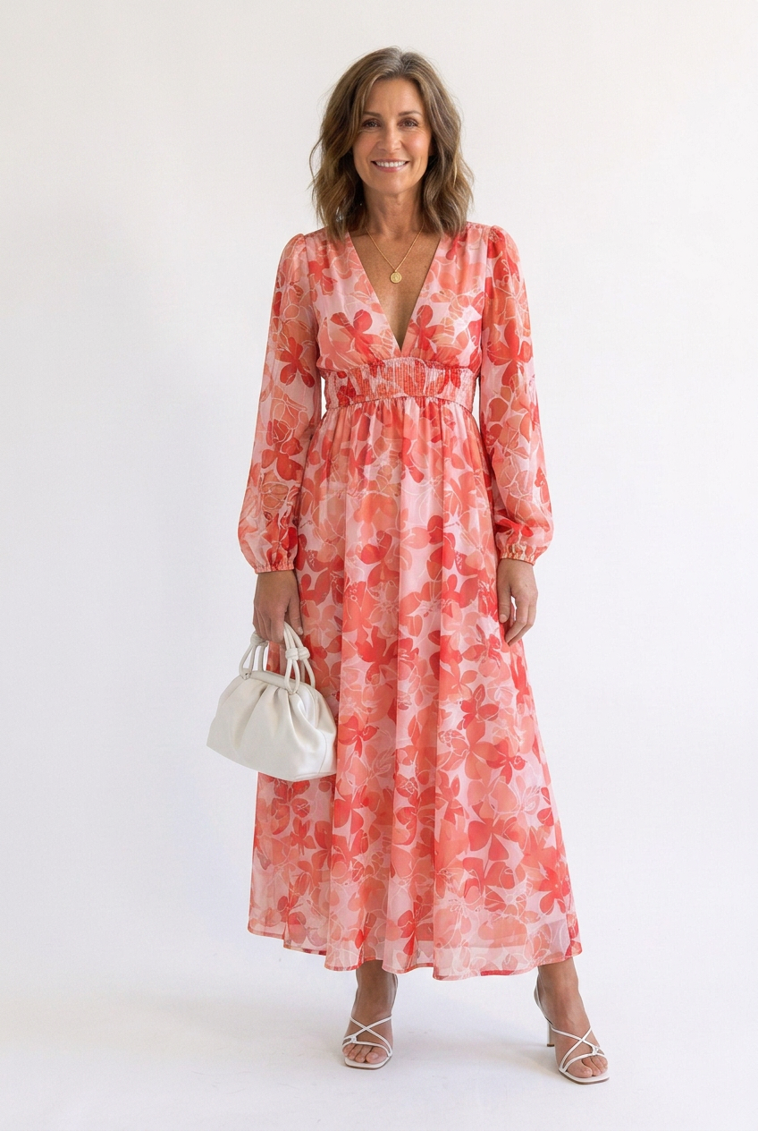 Althea | Long Sleeve Printed V-Neck Maxi Dress
