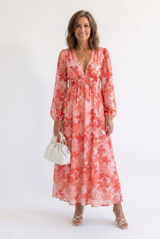 Althea | Long Sleeve Printed V-Neck Maxi Dress
