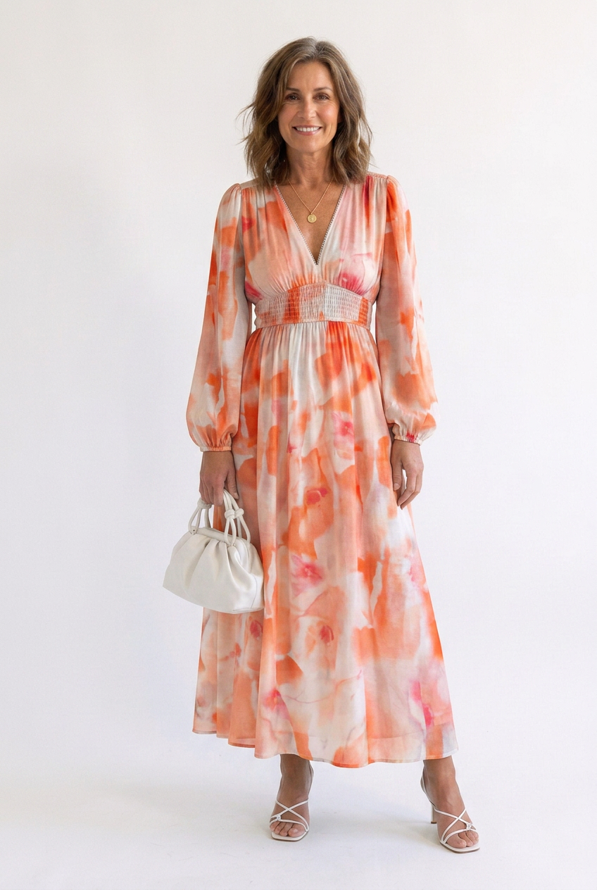 Althea | Long Sleeve Printed V-Neck Maxi Dress
