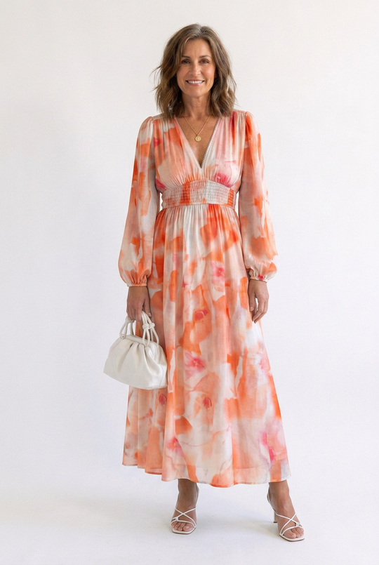 Althea | Long Sleeve Printed V-Neck Maxi Dress