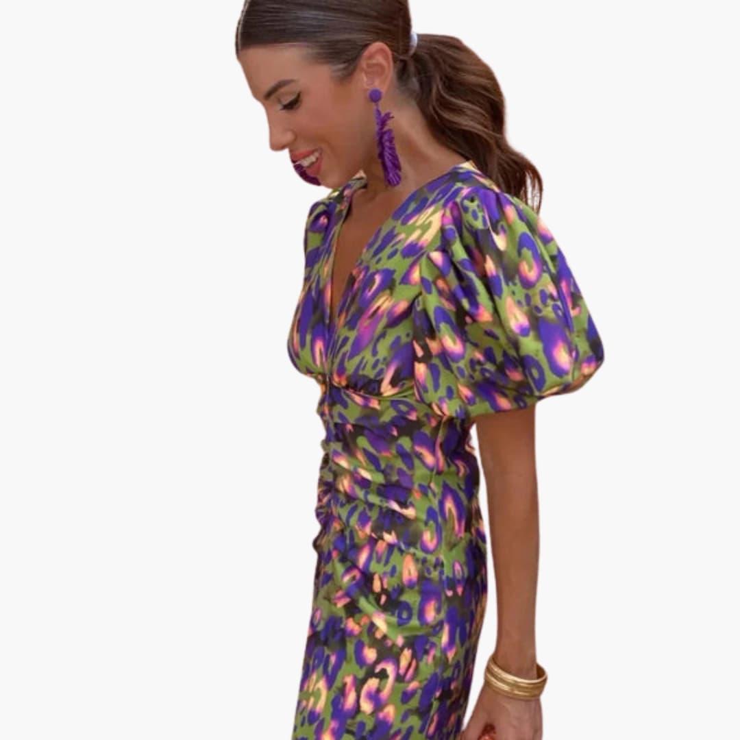 Women’s Dress with One-Shoulder Design and Pleated Sleeves