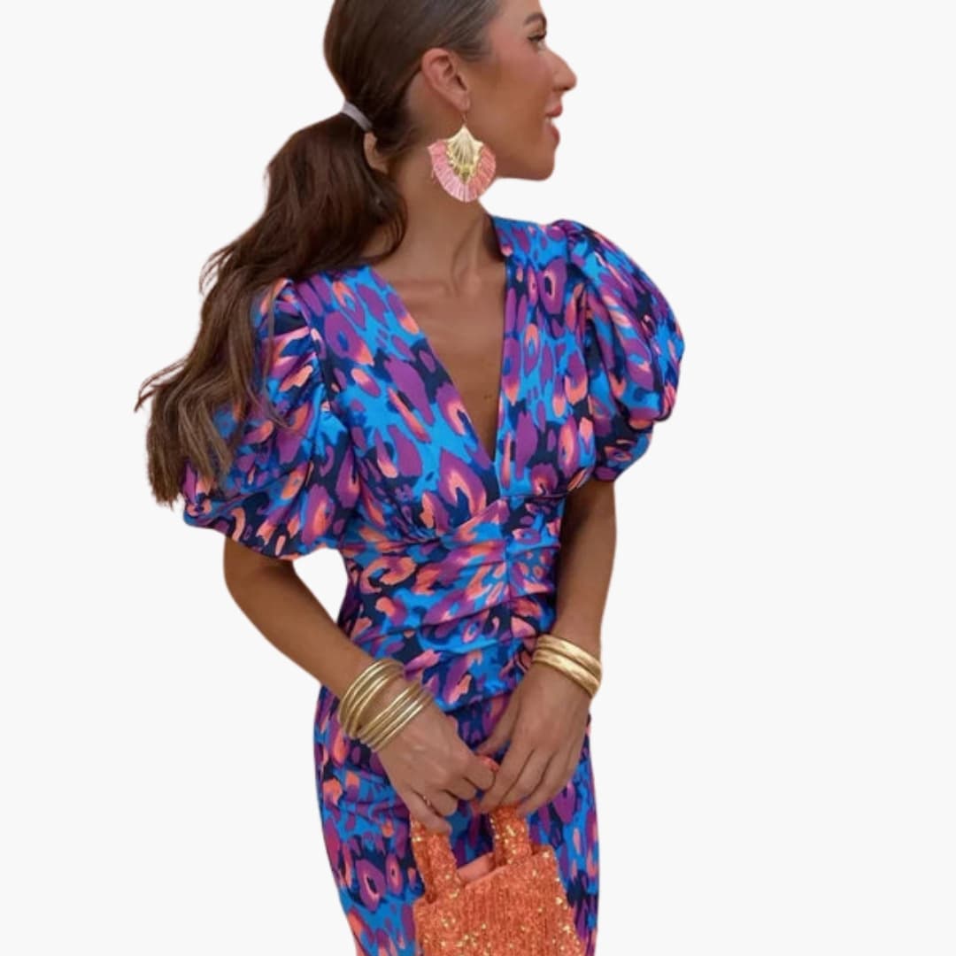 Women’s Dress with One-Shoulder Design and Pleated Sleeves