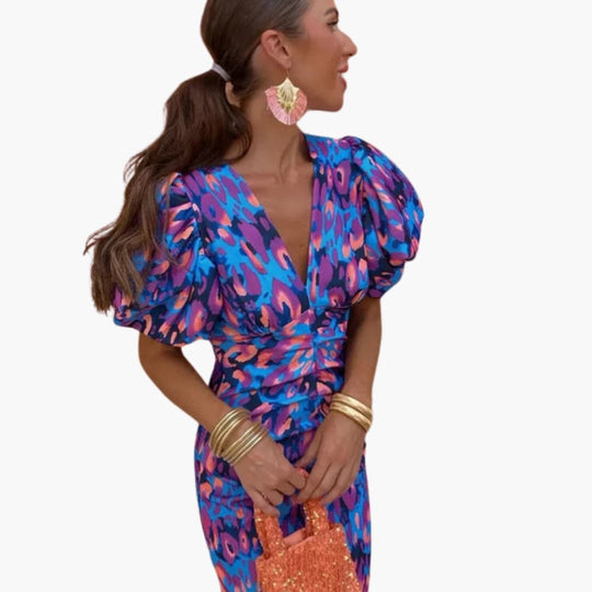 Women’s Dress with One-Shoulder Design and Pleated Sleeves