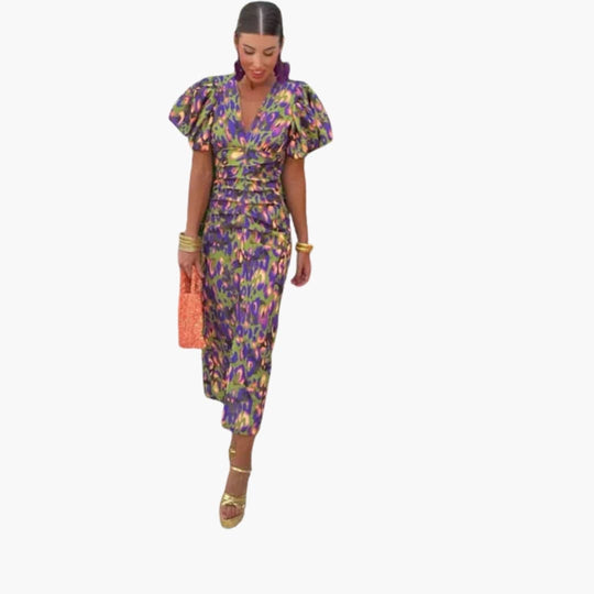 Women’s Dress with One-Shoulder Design and Pleated Sleeves