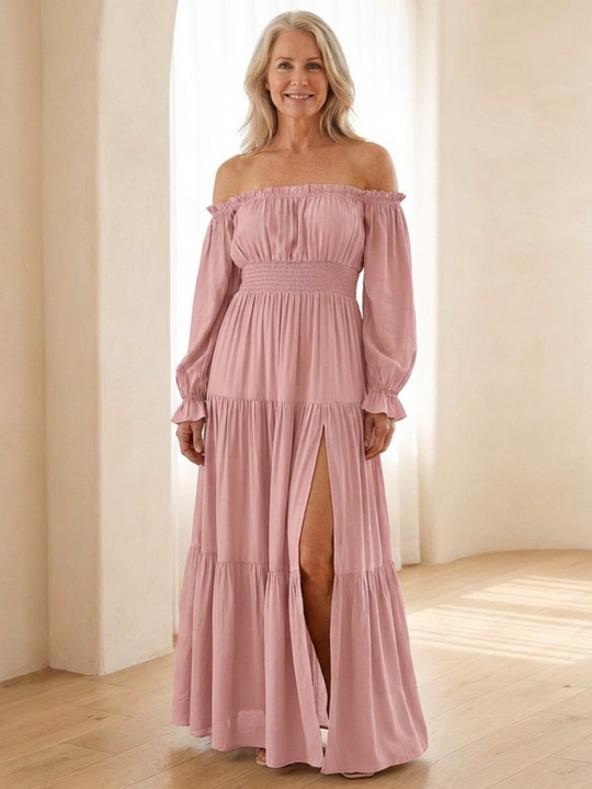Aveline | Off Shoulder Long Sleeve Smocked Maxi Dress
