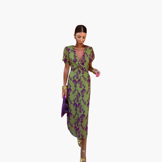 Women’s Floral Wrap Dress with Puff Sleeves