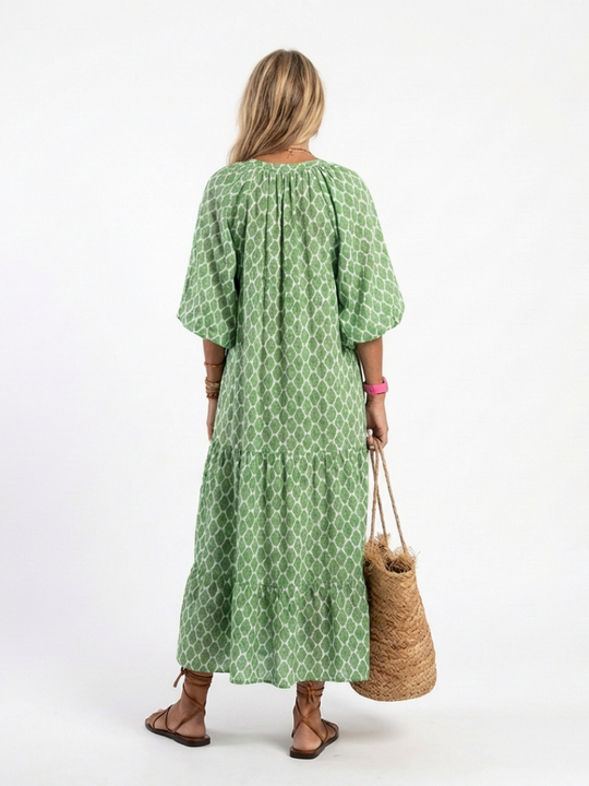 Apolline | Three-Quarter Sleeve V-Neck Patterned Midi Dress