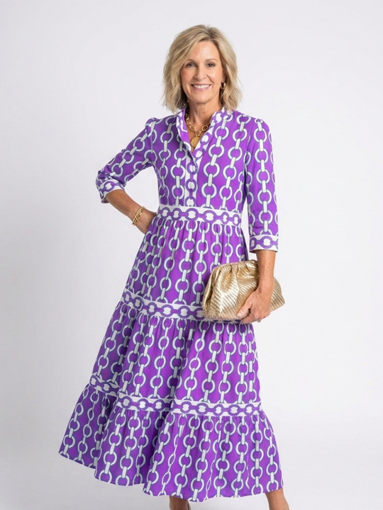 Ysolde | Three-Quarter Sleeve Chain Pattern Midi Dress
