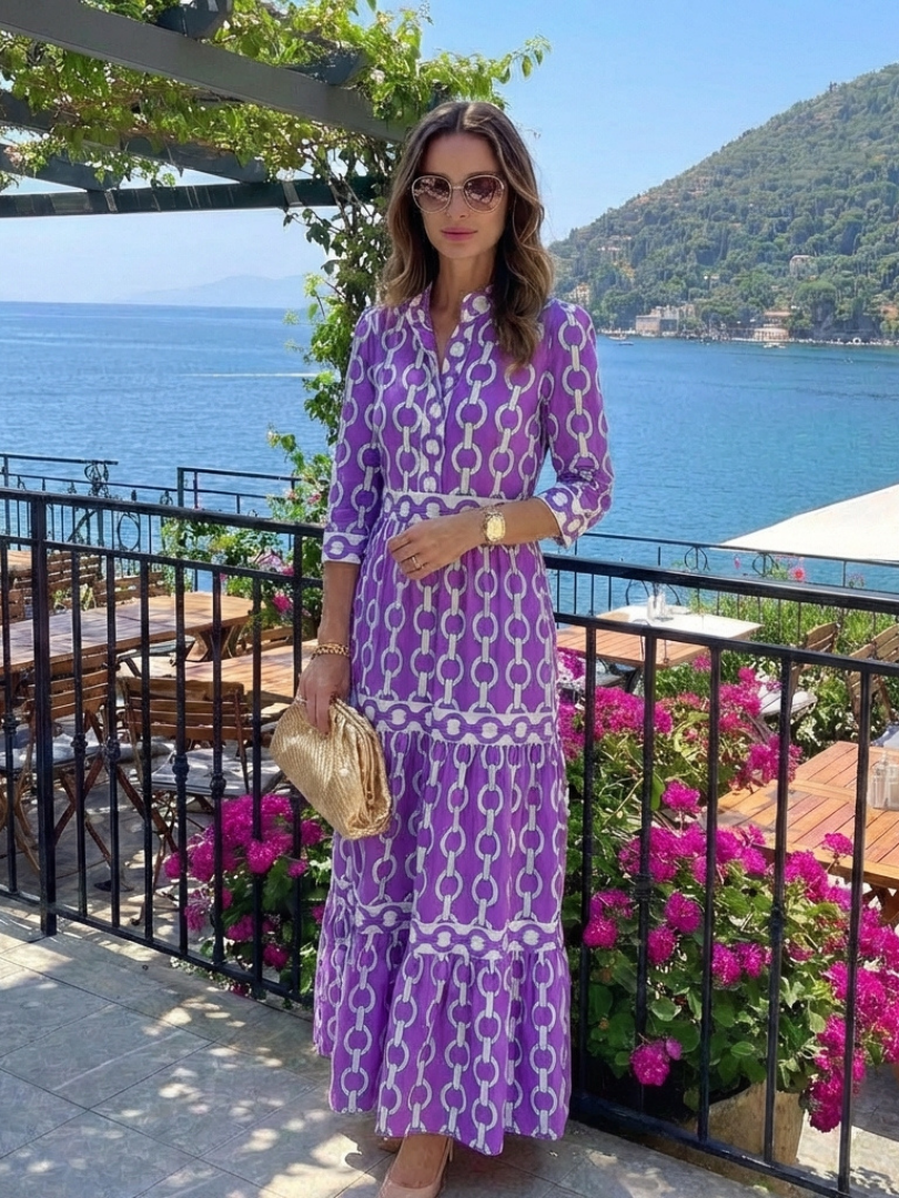 Ysolde | Three-Quarter Sleeve Chain Pattern Midi Dress