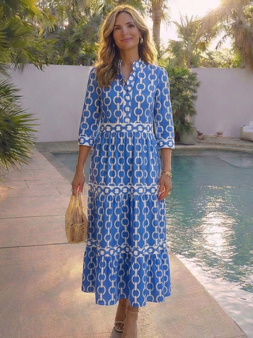 Ysolde | Three-Quarter Sleeve Chain Pattern Midi Dress
