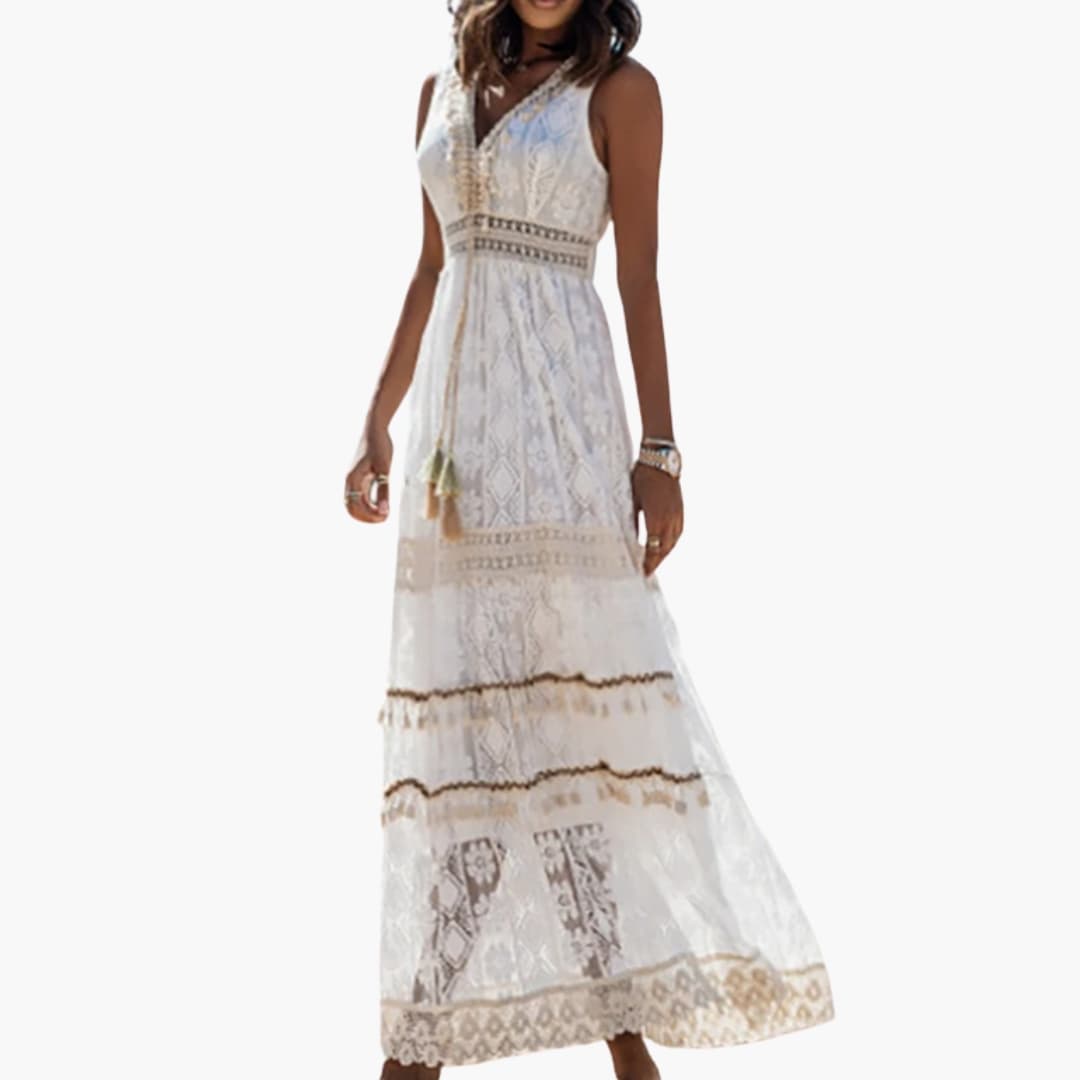 Women’s Boho Dress with Tassel Ties and Drawstring Waist