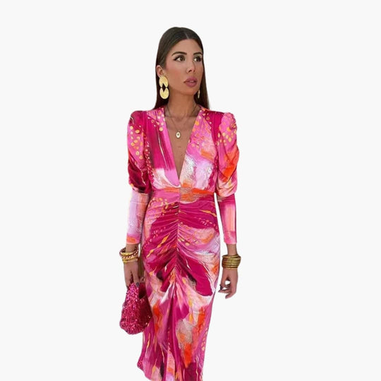 Women’s V-Neck Midi Dress with Flared Skirt