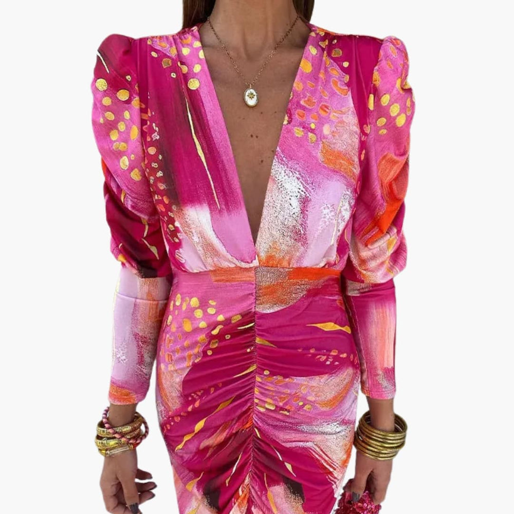 Women’s V-Neck Midi Dress with Flared Skirt