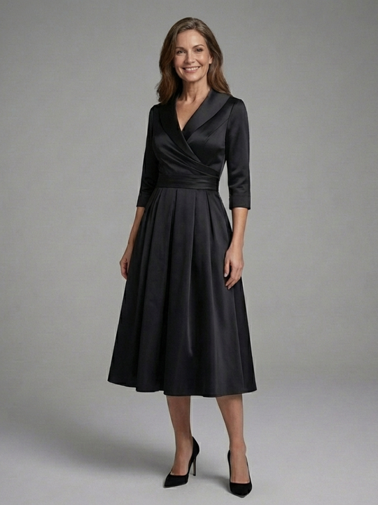 Genevieve | Three-Quarter Sleeve Wrap Bodice Midi Dress